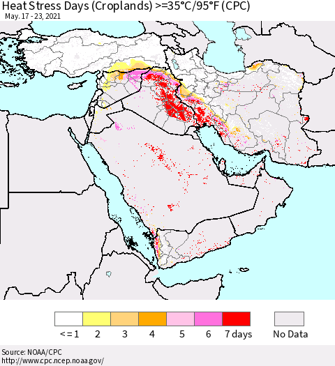Middle East and Turkey Heat Stress Days (Croplands) >=35°C/95°F (CPC) Thematic Map For 5/17/2021 - 5/23/2021