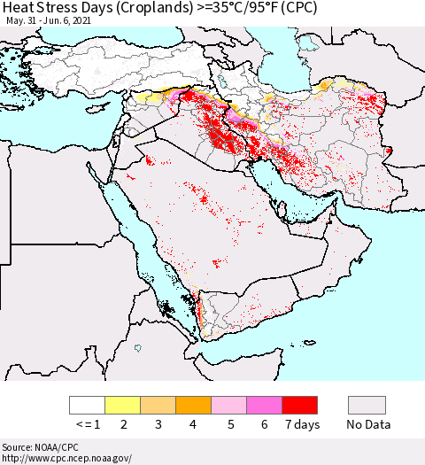 Middle East and Turkey Heat Stress Days (Croplands) >=35°C/95°F (CPC) Thematic Map For 5/31/2021 - 6/6/2021