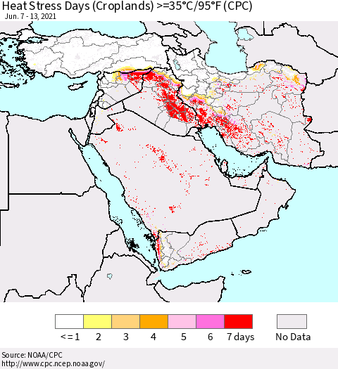 Middle East and Turkey Heat Stress Days (Croplands) >=35°C/95°F (CPC) Thematic Map For 6/7/2021 - 6/13/2021