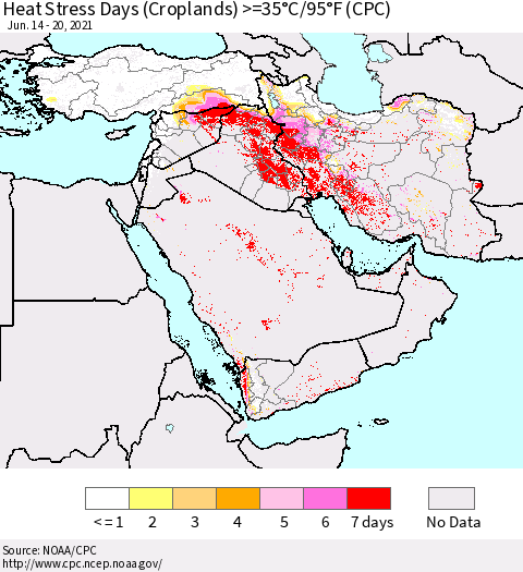 Middle East and Turkey Heat Stress Days (Croplands) >=35°C/95°F (CPC) Thematic Map For 6/14/2021 - 6/20/2021