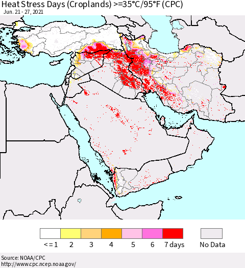 Middle East and Turkey Heat Stress Days (Croplands) >=35°C/95°F (CPC) Thematic Map For 6/21/2021 - 6/27/2021