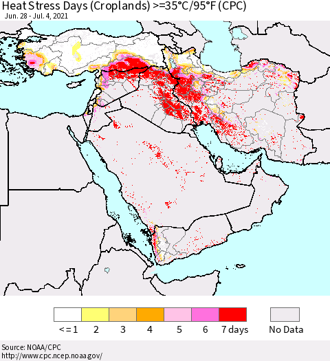 Middle East and Turkey Heat Stress Days (Croplands) >=35°C/95°F (CPC) Thematic Map For 6/28/2021 - 7/4/2021