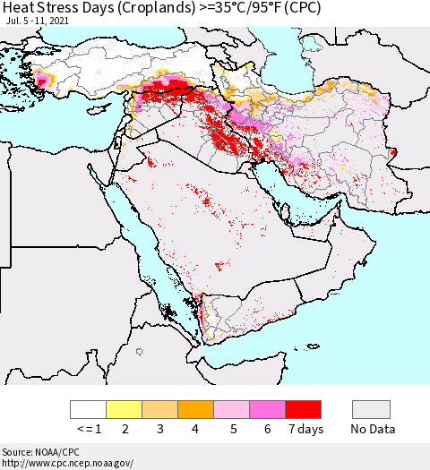 Middle East and Turkey Heat Stress Days (Croplands) >=35°C/95°F (CPC) Thematic Map For 7/5/2021 - 7/11/2021