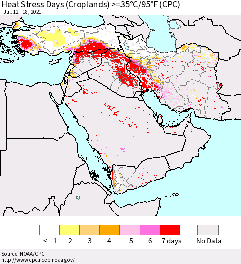 Middle East and Turkey Heat Stress Days (Croplands) >=35°C/95°F (CPC) Thematic Map For 7/12/2021 - 7/18/2021