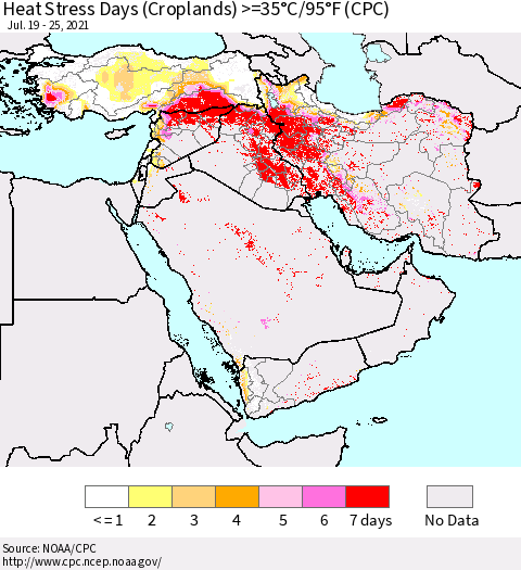 Middle East and Turkey Heat Stress Days (Croplands) >=35°C/95°F (CPC) Thematic Map For 7/19/2021 - 7/25/2021