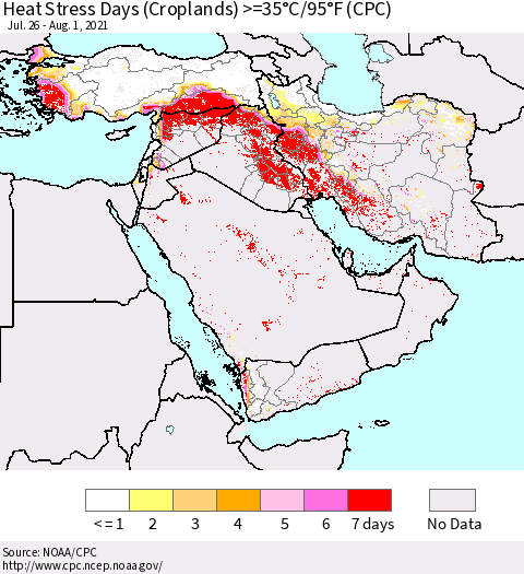 Middle East and Turkey Heat Stress Days (Croplands) >=35°C/95°F (CPC) Thematic Map For 7/26/2021 - 8/1/2021