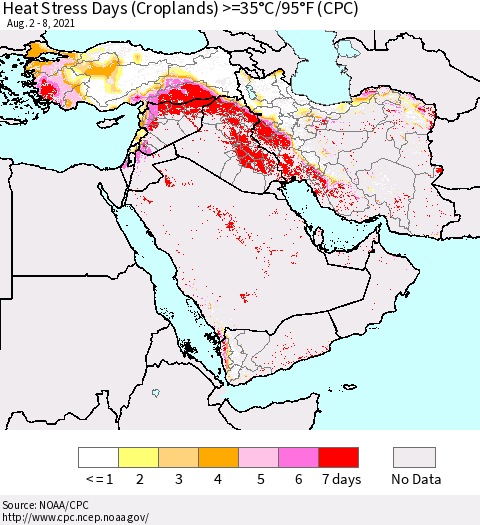 Middle East and Turkey Heat Stress Days (Croplands) >=35°C/95°F (CPC) Thematic Map For 8/2/2021 - 8/8/2021