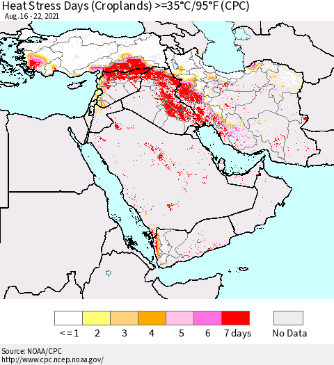 Middle East and Turkey Heat Stress Days (Croplands) >=35°C/95°F (CPC) Thematic Map For 8/16/2021 - 8/22/2021