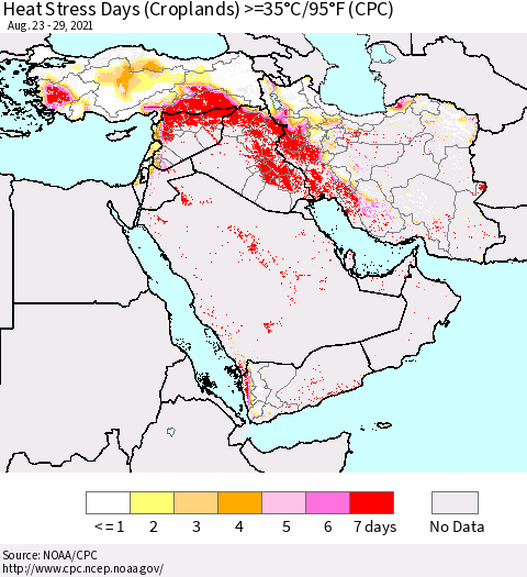 Middle East and Turkey Heat Stress Days (Croplands) >=35°C/95°F (CPC) Thematic Map For 8/23/2021 - 8/29/2021