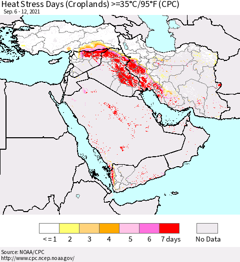 Middle East and Turkey Heat Stress Days (Croplands) >=35°C/95°F (CPC) Thematic Map For 9/6/2021 - 9/12/2021