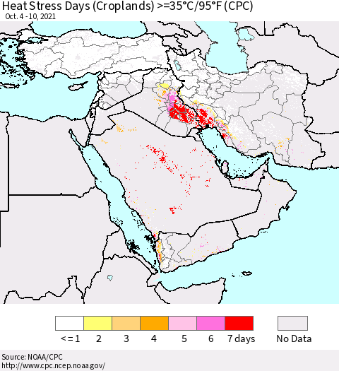 Middle East and Turkey Heat Stress Days (Croplands) >=35°C/95°F (CPC) Thematic Map For 10/4/2021 - 10/10/2021