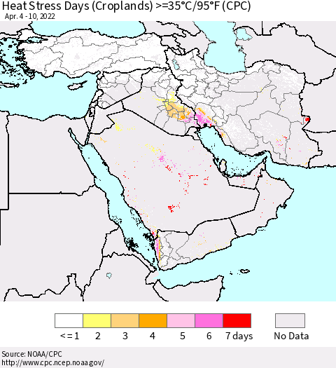 Middle East and Turkey Heat Stress Days (Croplands) >=35°C/95°F (CPC) Thematic Map For 4/4/2022 - 4/10/2022