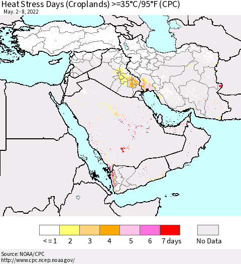 Middle East and Turkey Heat Stress Days (Croplands) >=35°C/95°F (CPC) Thematic Map For 5/2/2022 - 5/8/2022