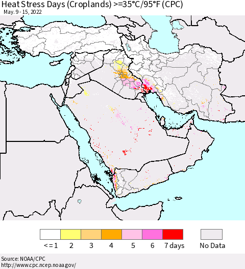Middle East and Turkey Heat Stress Days (Croplands) >=35°C/95°F (CPC) Thematic Map For 5/9/2022 - 5/15/2022