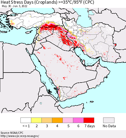 Middle East and Turkey Heat Stress Days (Croplands) >=35°C/95°F (CPC) Thematic Map For 5/30/2022 - 6/5/2022