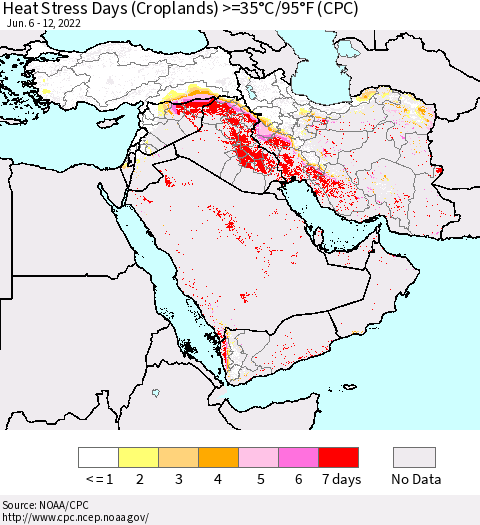 Middle East and Turkey Heat Stress Days (Croplands) >=35°C/95°F (CPC) Thematic Map For 6/6/2022 - 6/12/2022