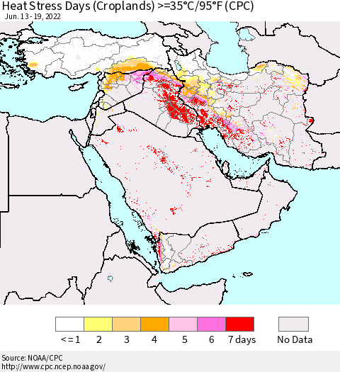 Middle East and Turkey Heat Stress Days (Croplands) >=35°C/95°F (CPC) Thematic Map For 6/13/2022 - 6/19/2022