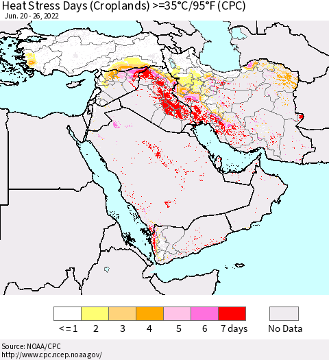 Middle East and Turkey Heat Stress Days (Croplands) >=35°C/95°F (CPC) Thematic Map For 6/20/2022 - 6/26/2022