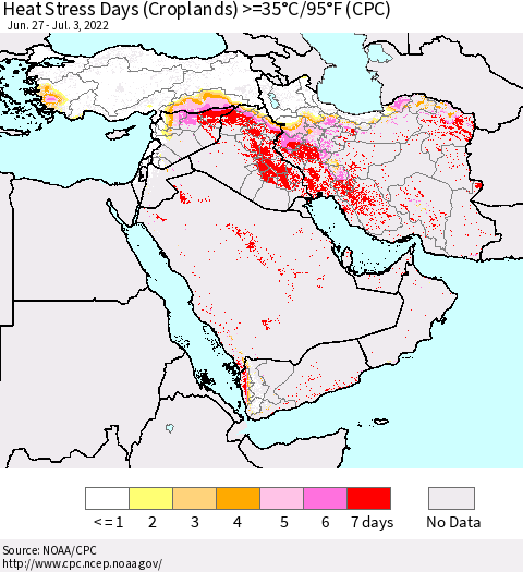 Middle East and Turkey Heat Stress Days (Croplands) >=35°C/95°F (CPC) Thematic Map For 6/27/2022 - 7/3/2022