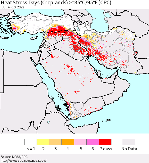 Middle East and Turkey Heat Stress Days (Croplands) >=35°C/95°F (CPC) Thematic Map For 7/4/2022 - 7/10/2022