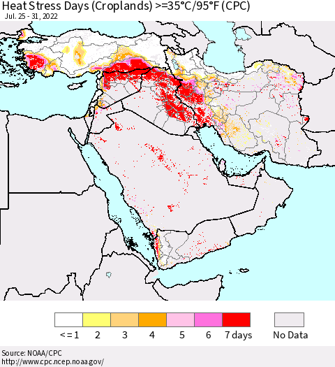 Middle East and Turkey Heat Stress Days (Croplands) >=35°C/95°F (CPC) Thematic Map For 7/25/2022 - 7/31/2022