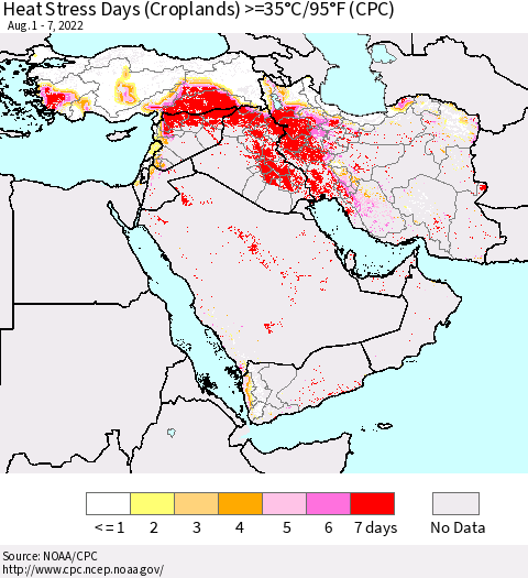 Middle East and Turkey Heat Stress Days (Croplands) >=35°C/95°F (CPC) Thematic Map For 8/1/2022 - 8/7/2022