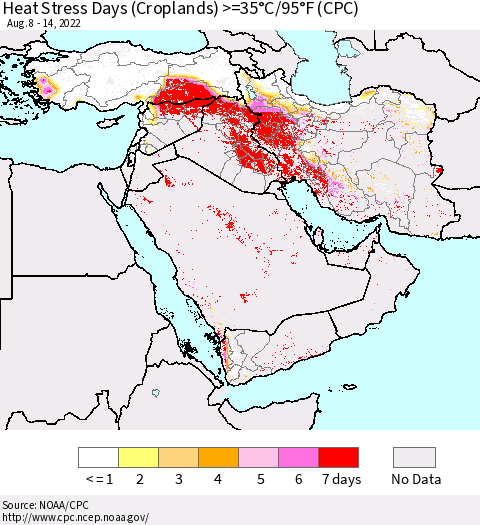 Middle East and Turkey Heat Stress Days (Croplands) >=35°C/95°F (CPC) Thematic Map For 8/8/2022 - 8/14/2022