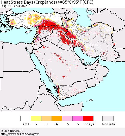 Middle East and Turkey Heat Stress Days (Croplands) >=35°C/95°F (CPC) Thematic Map For 8/29/2022 - 9/4/2022