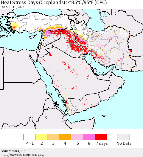 Middle East and Turkey Heat Stress Days (Croplands) >=35°C/95°F (CPC) Thematic Map For 9/5/2022 - 9/11/2022
