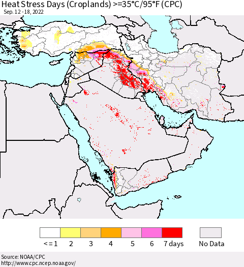 Middle East and Turkey Heat Stress Days (Croplands) >=35°C/95°F (CPC) Thematic Map For 9/12/2022 - 9/18/2022
