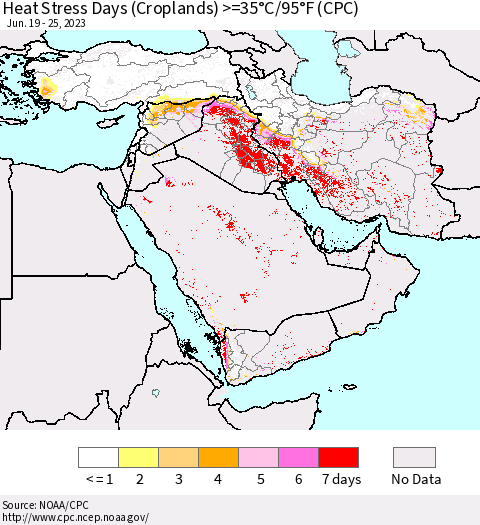 Middle East and Turkey Heat Stress Days (Croplands) >=35°C/95°F (CPC) Thematic Map For 6/19/2023 - 6/25/2023