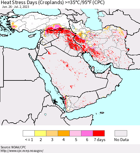 Middle East and Turkey Heat Stress Days (Croplands) >=35°C/95°F (CPC) Thematic Map For 6/26/2023 - 7/2/2023