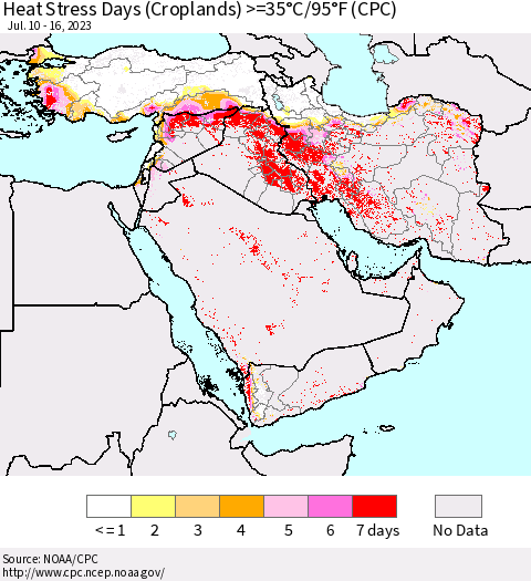 Middle East and Turkey Heat Stress Days (Croplands) >=35°C/95°F (CPC) Thematic Map For 7/10/2023 - 7/16/2023