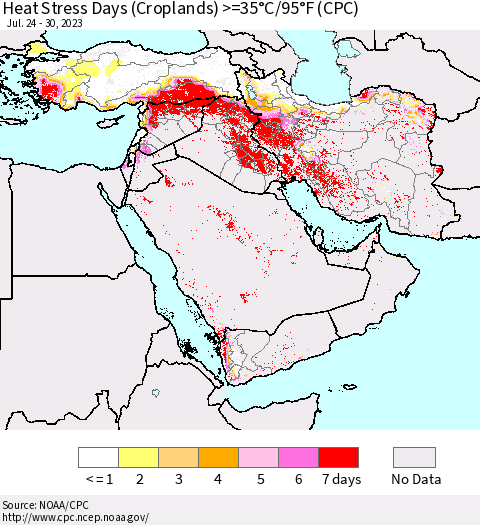 Middle East and Turkey Heat Stress Days (Croplands) >=35°C/95°F (CPC) Thematic Map For 7/24/2023 - 7/30/2023