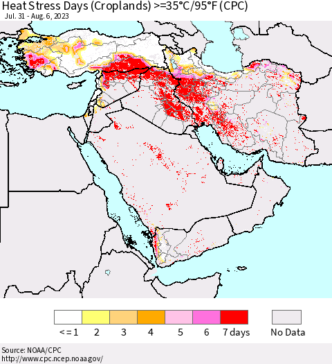 Middle East and Turkey Heat Stress Days (Croplands) >=35°C/95°F (CPC) Thematic Map For 7/31/2023 - 8/6/2023