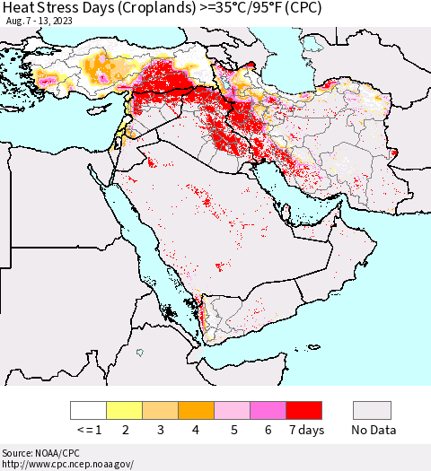 Middle East and Turkey Heat Stress Days (Croplands) >=35°C/95°F (CPC) Thematic Map For 8/7/2023 - 8/13/2023