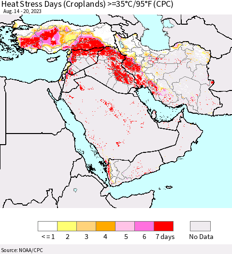 Middle East and Turkey Heat Stress Days (Croplands) >=35°C/95°F (CPC) Thematic Map For 8/14/2023 - 8/20/2023