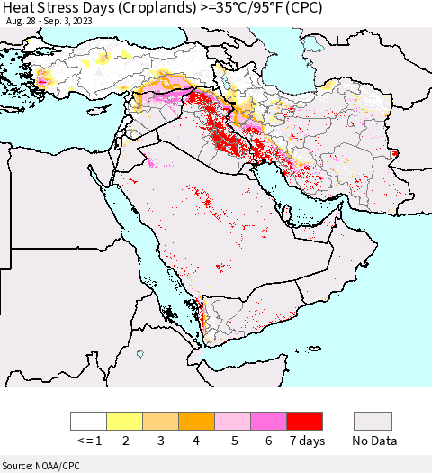 Middle East and Turkey Heat Stress Days (Croplands) >=35°C/95°F (CPC) Thematic Map For 8/28/2023 - 9/3/2023