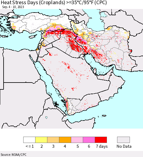 Middle East and Turkey Heat Stress Days (Croplands) >=35°C/95°F (CPC) Thematic Map For 9/4/2023 - 9/10/2023