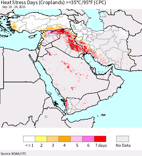 Middle East and Turkey Heat Stress Days (Croplands) >=35°C/95°F (CPC) Thematic Map For 9/18/2023 - 9/24/2023