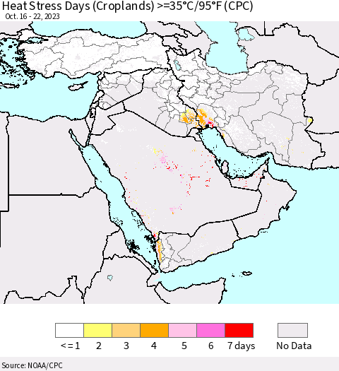Middle East and Turkey Heat Stress Days (Croplands) >=35°C/95°F (CPC) Thematic Map For 10/16/2023 - 10/22/2023
