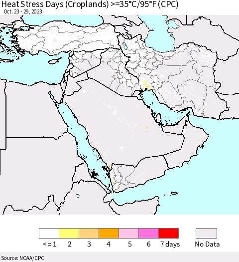 Middle East and Turkey Heat Stress Days (Croplands) >=35°C/95°F (CPC) Thematic Map For 10/23/2023 - 10/29/2023
