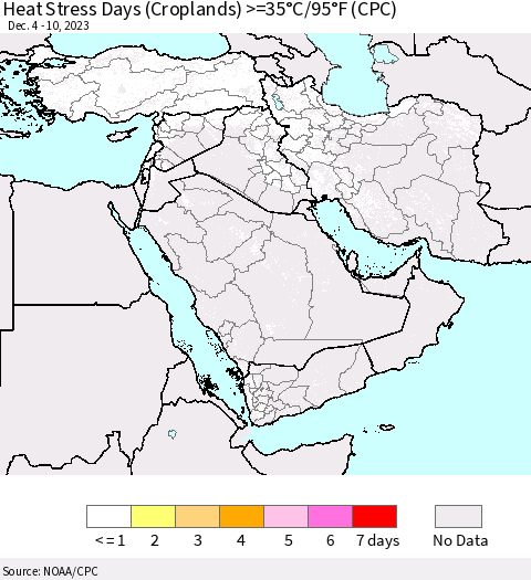 Middle East and Turkey Heat Stress Days (Croplands) >=35°C/95°F (CPC) Thematic Map For 12/4/2023 - 12/10/2023