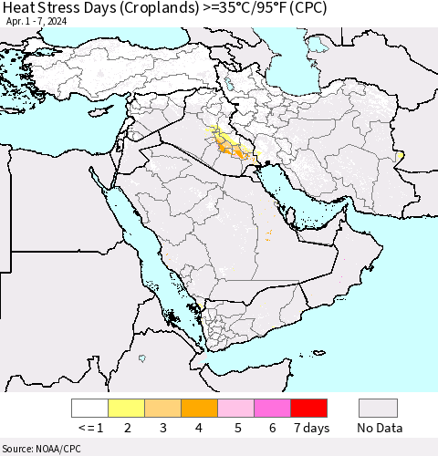 Middle East and Turkey Heat Stress Days (Croplands) >=35°C/95°F (CPC) Thematic Map For 4/1/2024 - 4/7/2024