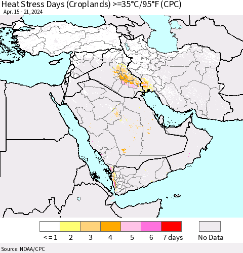 Middle East and Turkey Heat Stress Days (Croplands) >=35°C/95°F (CPC) Thematic Map For 4/15/2024 - 4/21/2024