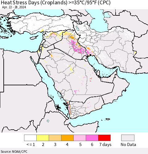 Middle East and Turkey Heat Stress Days (Croplands) >=35°C/95°F (CPC) Thematic Map For 4/22/2024 - 4/28/2024