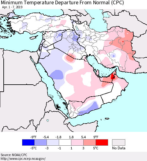 Middle East and Turkey Mean Minimum Temperature Departure from Normal (CPC) Thematic Map For 4/1/2019 - 4/7/2019