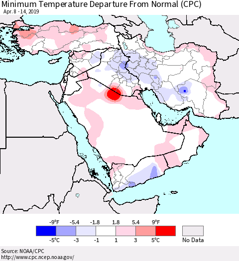 Middle East and Turkey Mean Minimum Temperature Departure from Normal (CPC) Thematic Map For 4/8/2019 - 4/14/2019