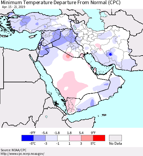 Middle East and Turkey Mean Minimum Temperature Departure from Normal (CPC) Thematic Map For 4/15/2019 - 4/21/2019