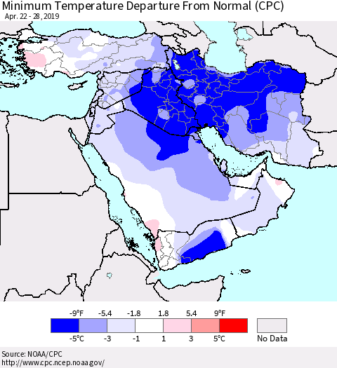 Middle East and Turkey Mean Minimum Temperature Departure from Normal (CPC) Thematic Map For 4/22/2019 - 4/28/2019